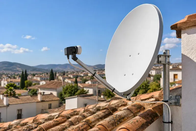 Antena parabólica con su soporte y LNB en Marchamalo