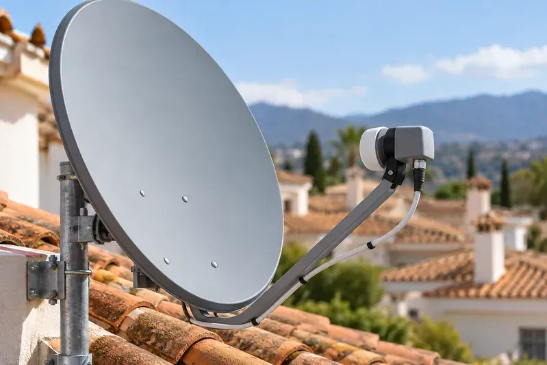Antena parabólica con LNB y cable coaxial sobre un tejado de tejas.