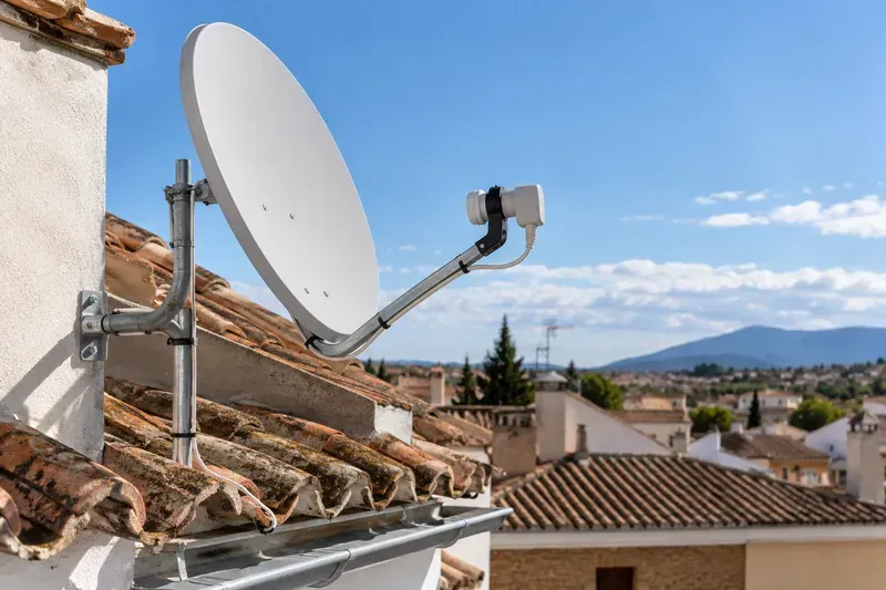 Antena parabólica con su soporte y LNB en Pioz
