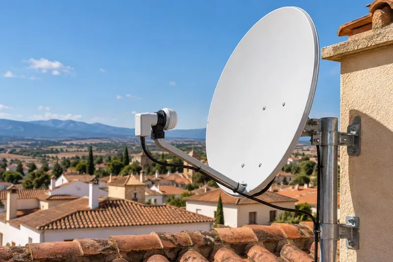 Antena parabólica con su soporte y LNB en Sigüenza