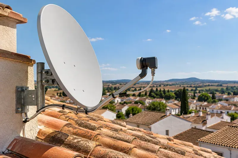 Antena parabólica con su soporte y LNB en Torrejón del Rey