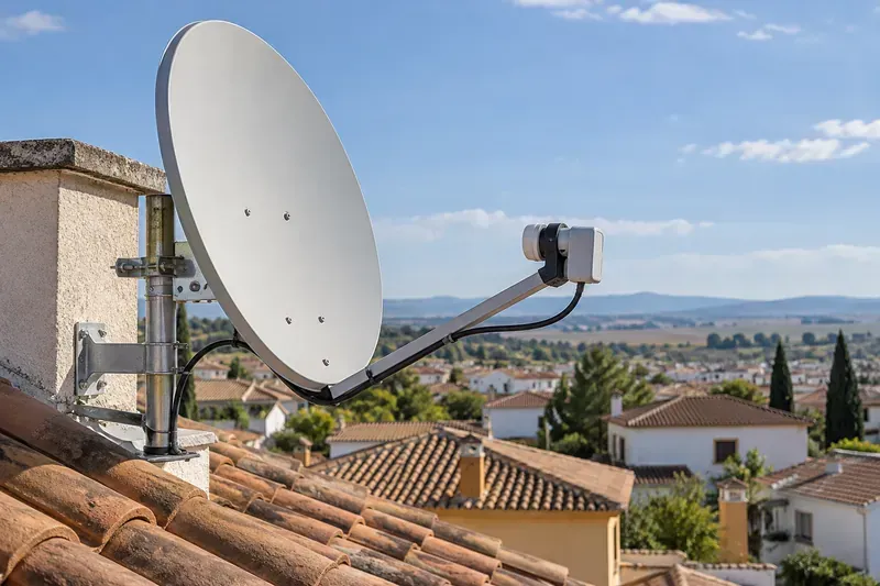 Antena parabólica con su soporte y LNB en Villanueva de la Torre