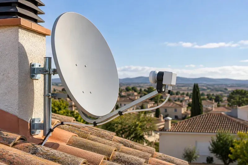 Antena parabólica con su soporte y LNB en Yebes