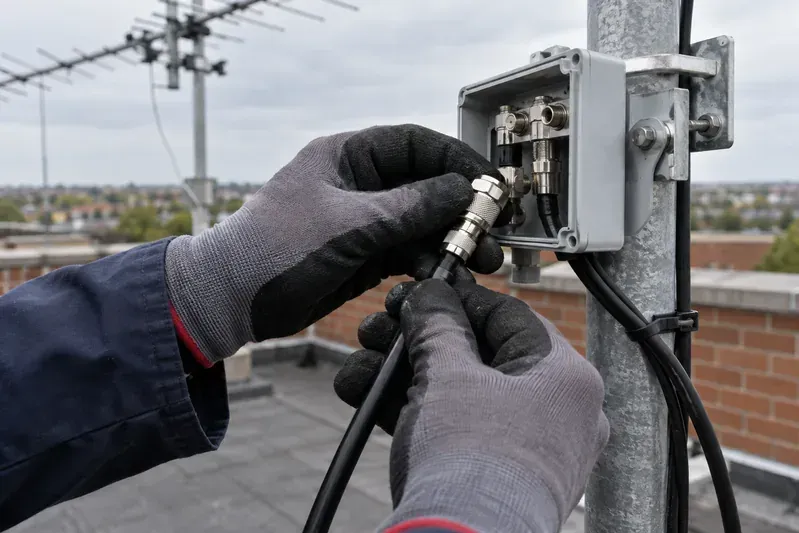 Manos con guantes revisando la conexión coaxial de una antena en una cubierta.