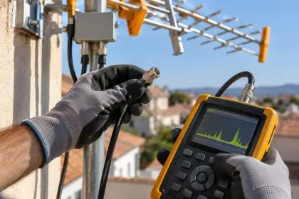 Técnico revisando el conector coaxial de una antena con un medidor.