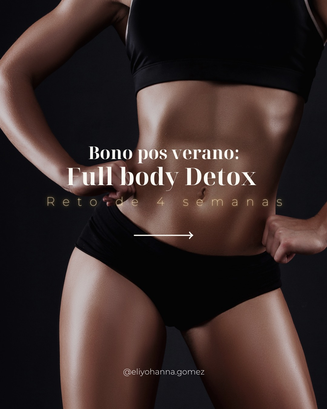 Mujer vestida de negro para hacer ejercicio, promocionando un programa de desintoxicación de cuerpo completo.