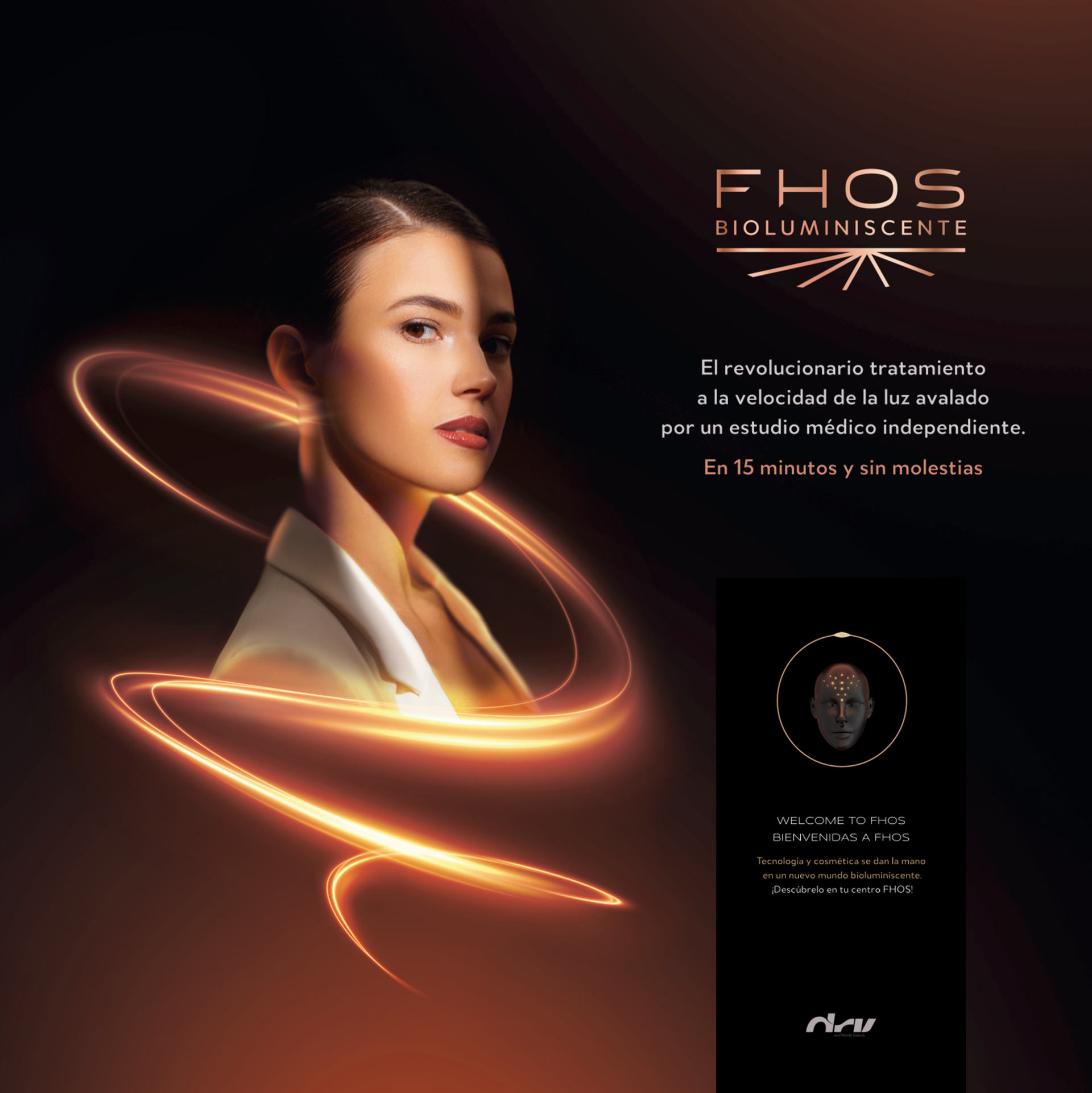 El rostro de una mujer está rodeado de luces brillantes y la palabra phos está en la parte inferior.