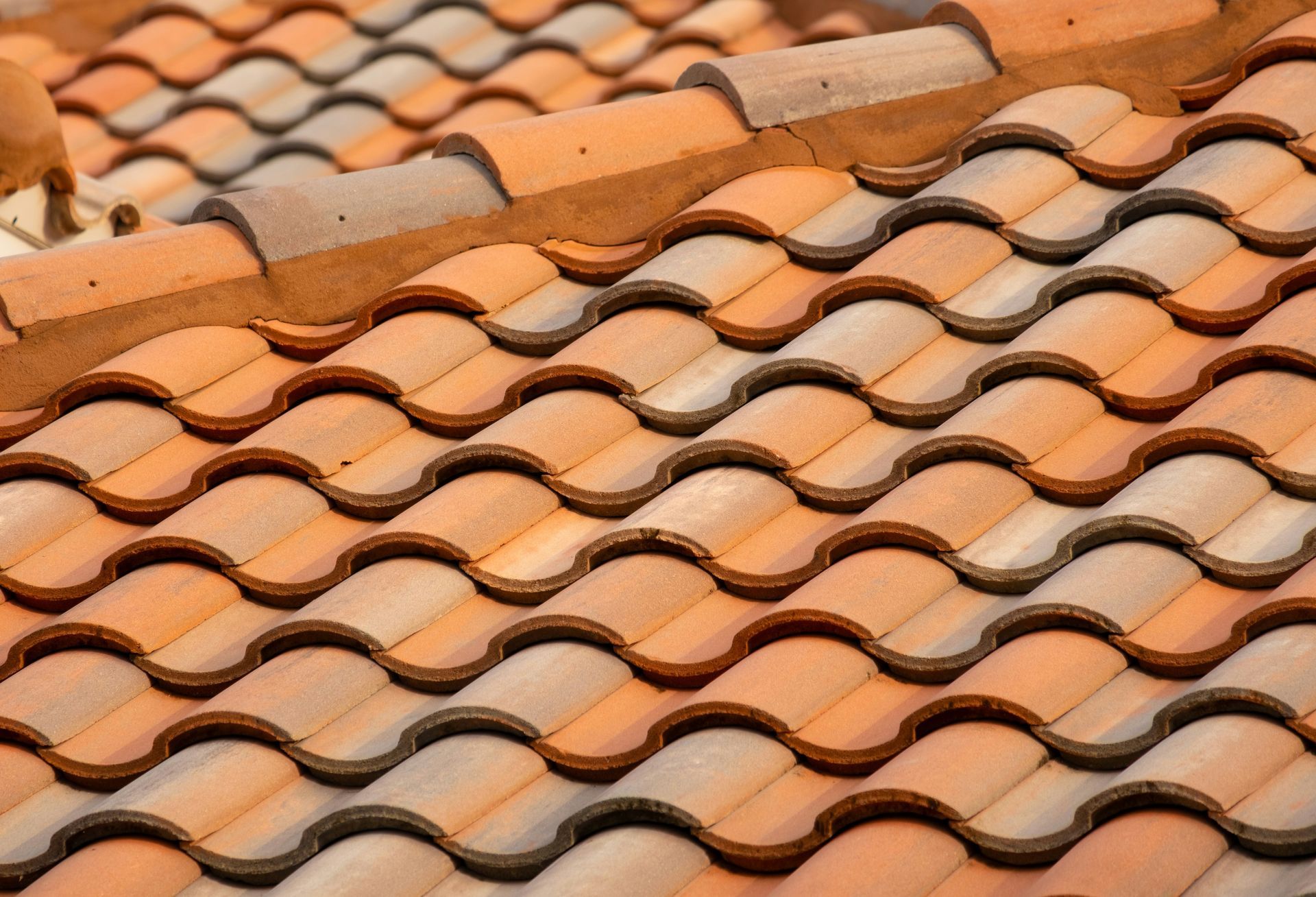 Gros plan sur des tuiles de toit en terre cuite orange aux motifs ondulés et à la surface patinée.