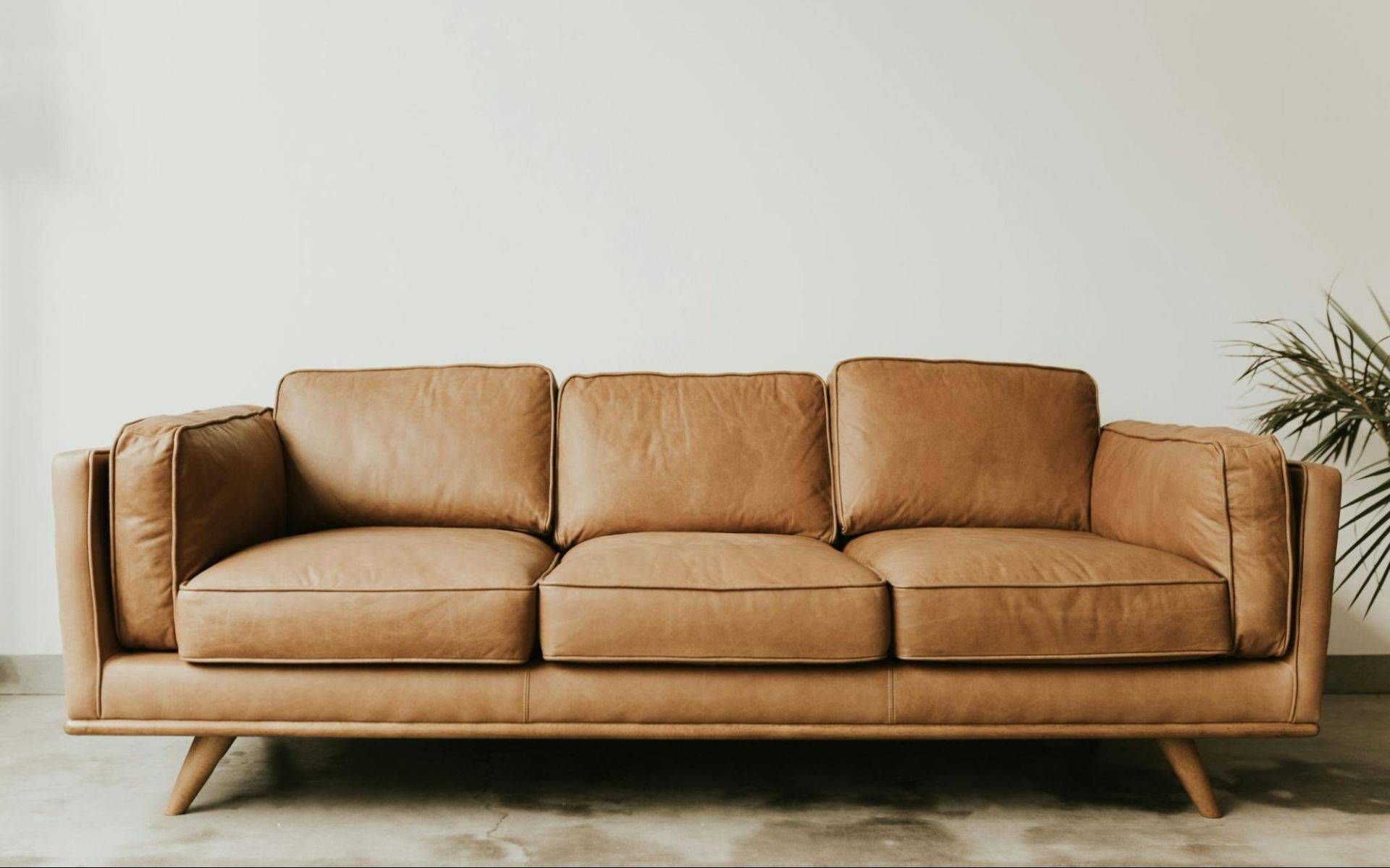 A brown leather couch is sitting in a living room next to a plant.