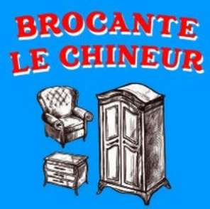 Enseigne bleue &laquo; BROCANTE LE CHINEUR &raquo; avec des dessins d'un fauteuil, d'une commode et d'une armoire.