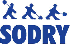 Trois silhouettes d'ouvriers bleus avec des pelles au-dessus du mot SODRY en bleu.