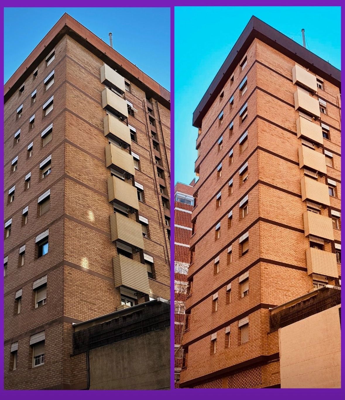 Un collage de dos imágenes de un edificio alto de ladrillo.