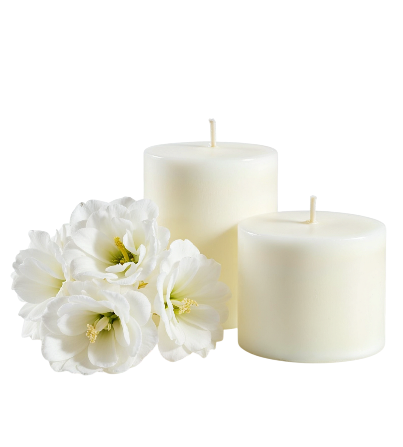 Deux bougies piliers blanches et des fleurs blanches sur fond blanc.