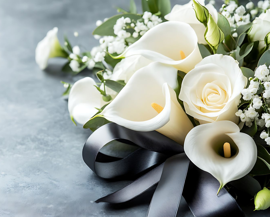 Lys calla blancs et roses dans un bouquet avec un ruban noir, sur une surface grise.