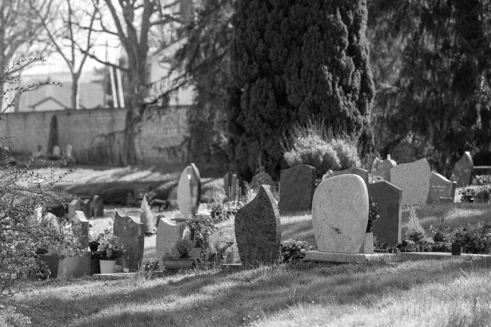 Cimetière avec diverses pierres tombales sur une colline herbeuse, avec des arbres et un mur en arrière-plan.