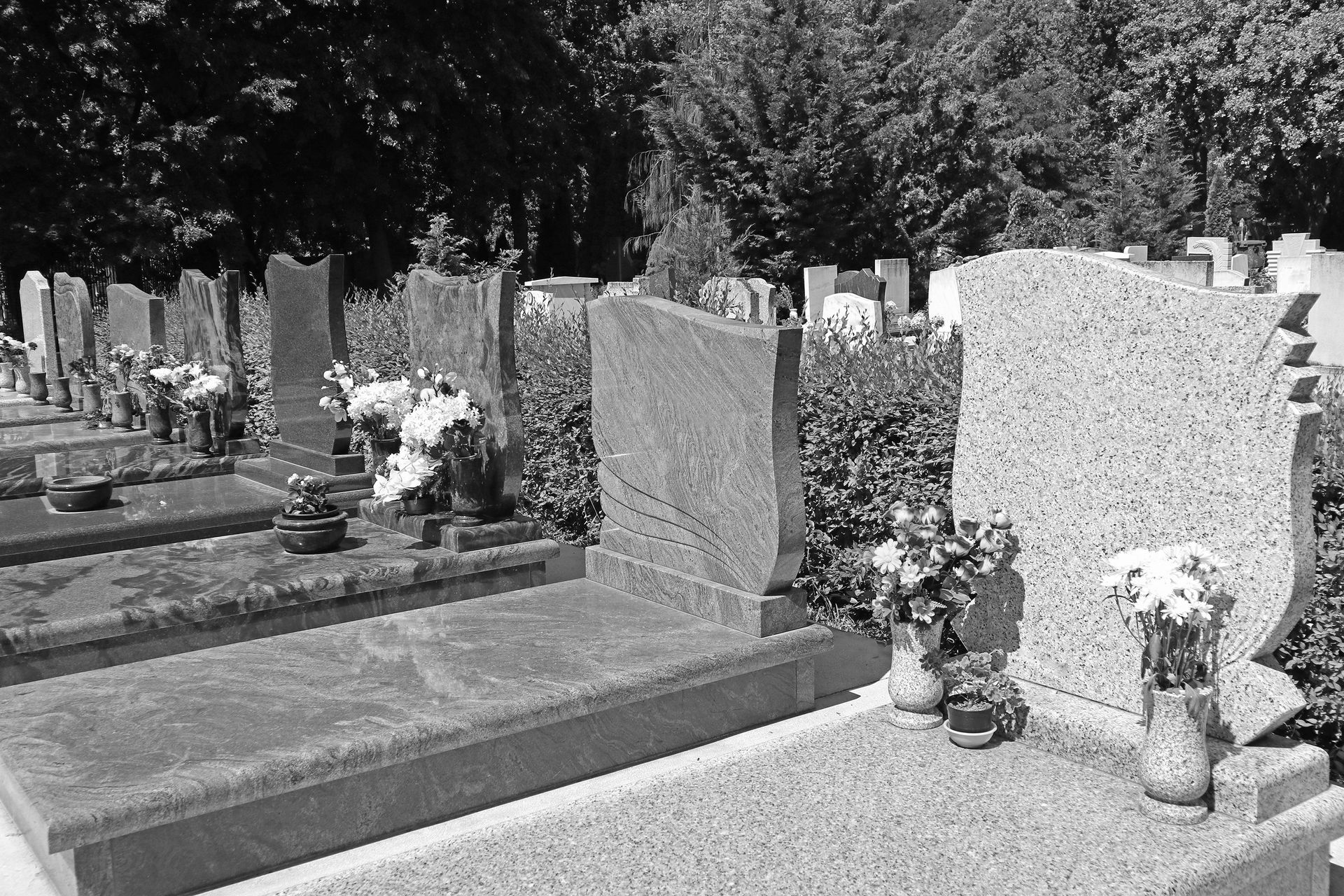 Rangée de pierres tombales en granit avec des compositions florales dans un cimetière ensoleillé.