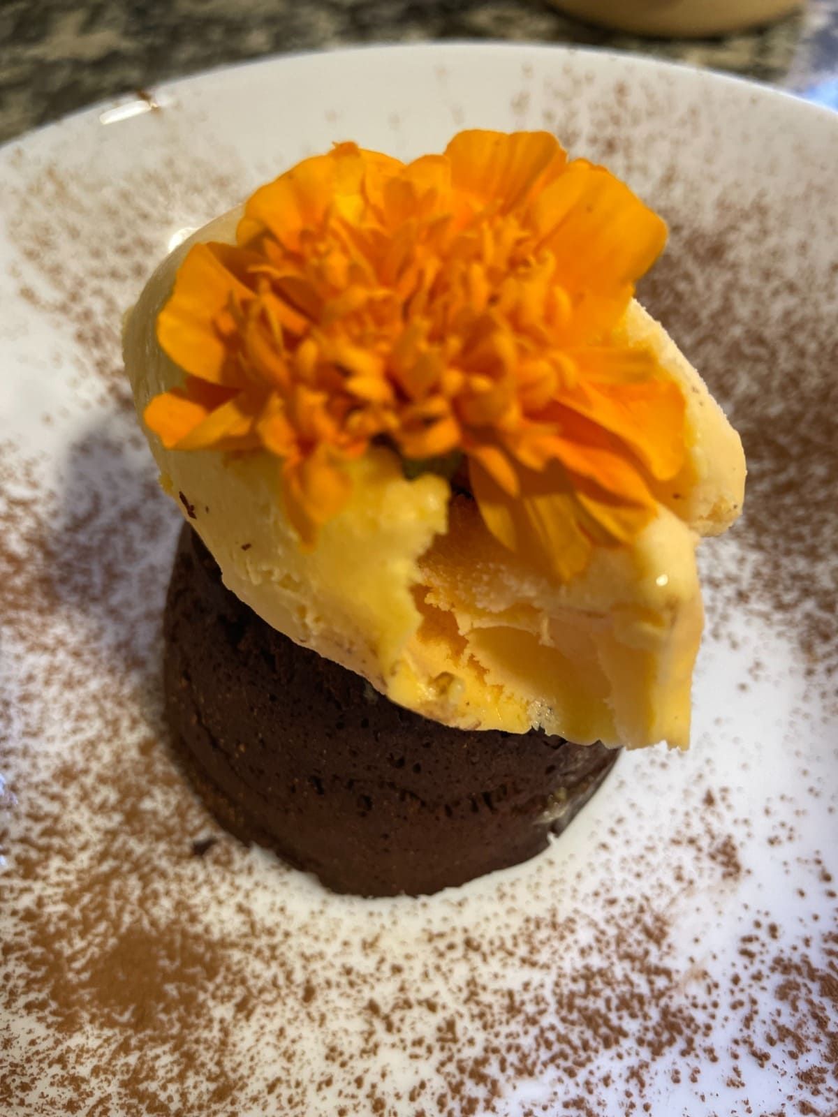 Postre de chocolate cubierto con crema amarilla, una flor comestible naranja y azúcar glas sobre un plato blanco.