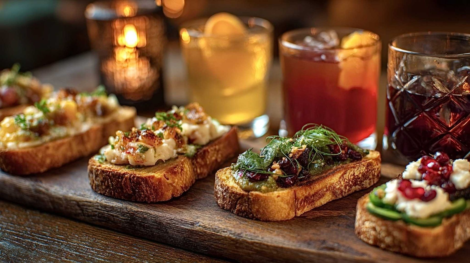 Variedad de crostini gourmet en una tabla de madera con cócteles y luz cálida de velas.