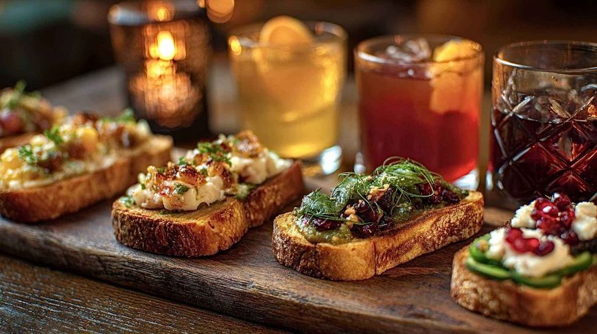 Variedad de crostini gourmet en una tabla de madera con cócteles y luz cálida de velas.