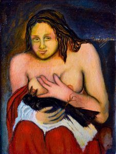 Mujer sosteniendo un pájaro negro, con el pecho descubierto. Tela roja y blanca, fondo oscuro, pintura.