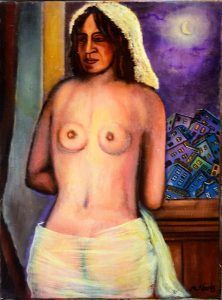 Mujer con una toalla, mirando por una ventana un cielo nocturno iluminado por la luna y un grupo de edificios coloridos.