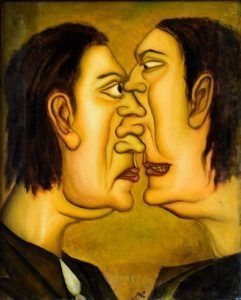 Dos caras enfrentadas que se fusionan en la nariz; una que parece enojada, la otra serena, sobre un fondo amarillo.