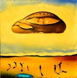 Pan flotando sobre un paisaje desértico con pequeñas figuras, sombras y un charco azul.