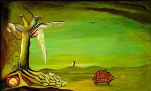 Pintura surrealista: Árbol con objetos parecidos a semillas, tortuga, figura en la distancia, contra el cielo verde.