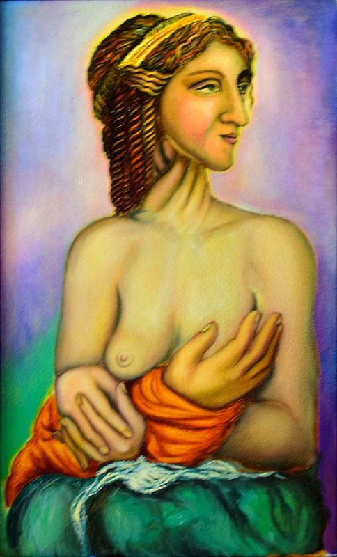 Mujer con cabello trenzado, sosteniendo tela naranja. Luce un tocado dorado y un cuello largo; es un retrato pintado.