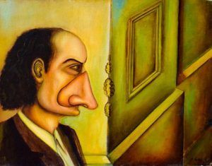 Un hombre con nariz exagerada mira fijamente a una puerta. Pared amarilla, traje marrón, puerta verde con escalones.