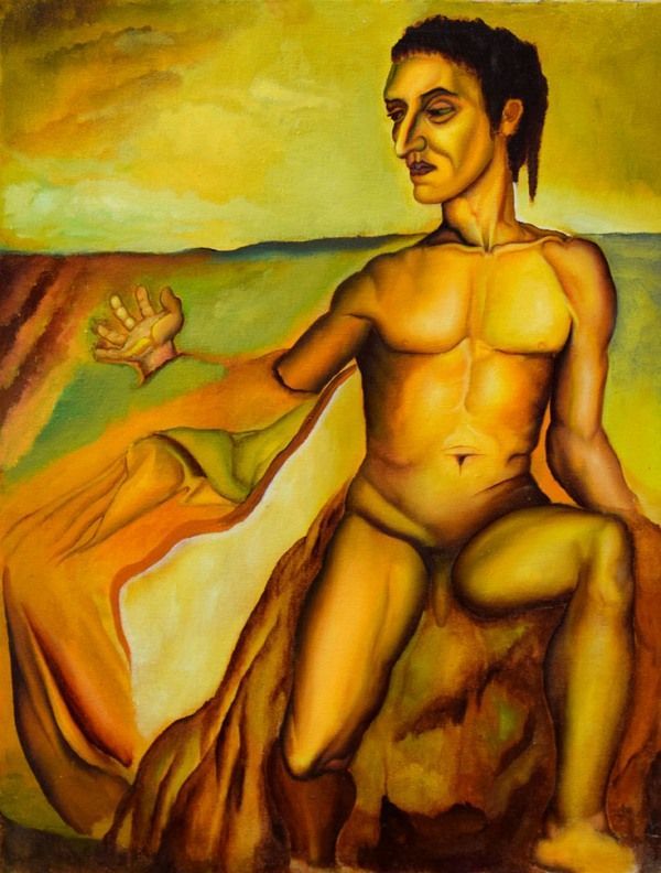 Figura desnuda arrodillada sobre una roca, con el brazo extendido. Tonos terrosos dominan un paisaje de cielo nublado.