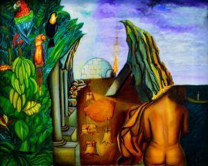 Escena tropical: loro, tucán, persona desnuda, estructura tipo iglú, formación rocosa y océano.