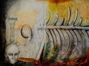 Obra surrealista: caja torácica blanca, figura sin boca, formas geométricas y un fondo oscuro con tonos naranjas y amarillos.