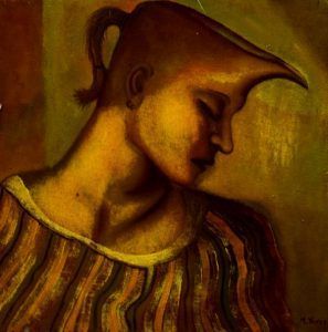 Persona con cabeza en forma de jarra, ojos cerrados, con camisa de rayas, colores cálidos.