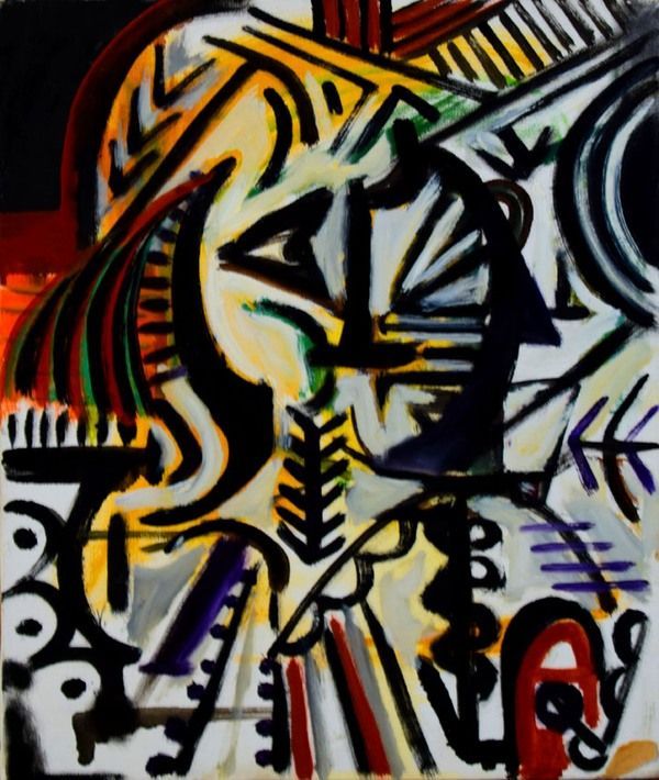 Pintura abstracta con formas fragmentadas y líneas en blanco, negro, amarillo, rojo y azul.