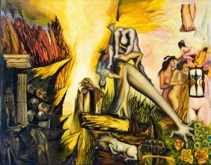 Pintura surrealista de figuras, árboles, relojes de arena, arquitectura y luz amarilla intensa.