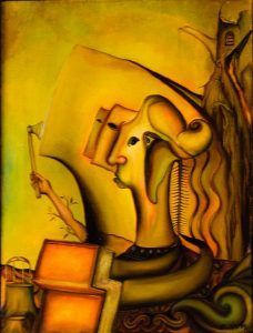 Pintura abstracta de una figura con un hacha, sobre un fondo amarillo; una torre y edificios aparecen en la distancia.