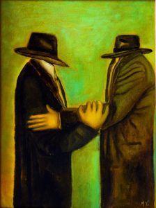 Dos figuras con sombreros y abrigos negros se dan la mano sobre un fondo verde.