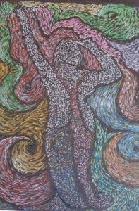 Figura abstracta con los brazos levantados, rodeada de colores en espiral: rosa, azul, verde y marrón.