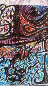 Obra de arte abstracta y colorida con líneas y formas en espiral; un ojo domina el centro.