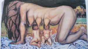 Mujer con múltiples pechos amamantando a dos bebés.