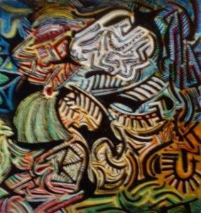 Obra de arte abstracta con líneas y formas arremolinadas en varios colores sobre un fondo oscuro.