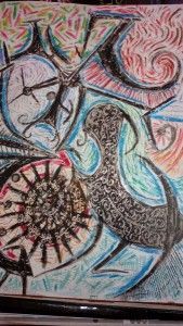 Obra abstracta con líneas, formas y colores en espiral. Predominan los azules, el negro y el rojo.