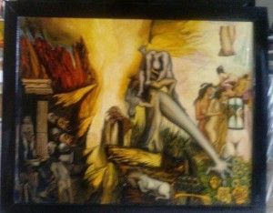 Cuadro surrealista con figura central envuelta en llamas, rodeada de otras figuras y objetos; marco oscuro.