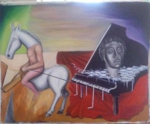 Pintura surrealista: jinete híbrido caballo-humano, cabeza de piano, paño rojo, paisaje surrealista, colores apagados.