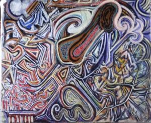 Cuadro abstracto con líneas en espiral, formas y colores variados.