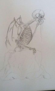 Dibujo a lápiz de un esqueleto arrodillado, con las manos en alto, el torso torcido y la cabeza inclinada hacia atrás.