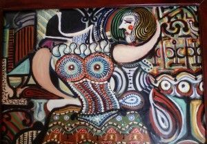 Pintura cubista de una mujer con un vestido elaborado, con un búho y un fondo ornamentado.