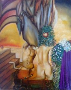 Pintura surrealista de figuras y objetos en un entorno onírico con cielo nublado.