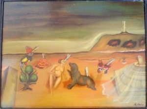 Pintura surrealista: figura desnuda y foca en una playa, paisaje colorido, objetos extraños y un cielo nublado.